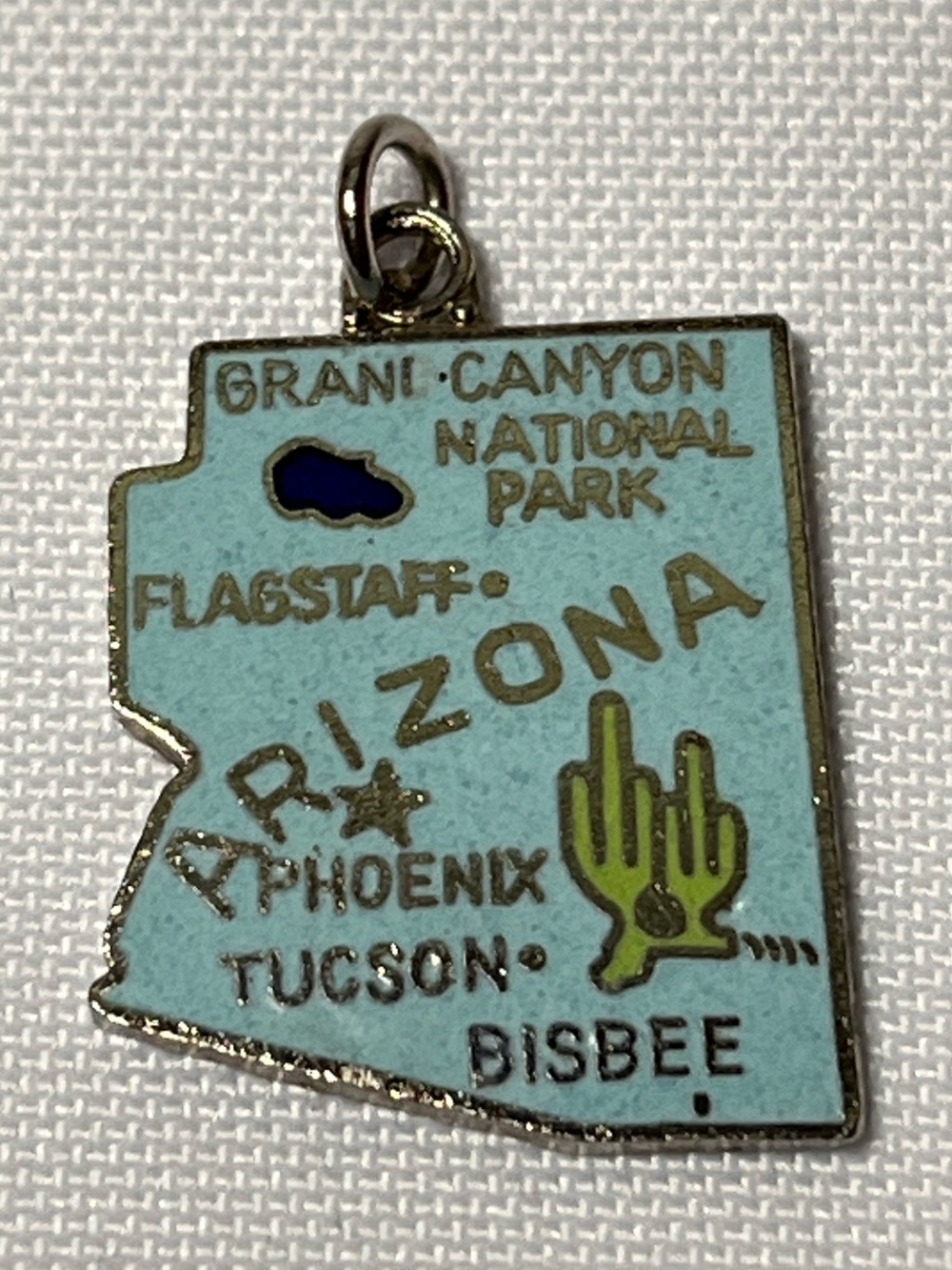 Vintage Arizona Map Enamel Charm Pendant in Light Blue & Green
Collectible